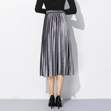 Fusta midi cu talie inalta, din catifea plusata, model plisat