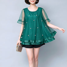 Bluza din tul cu funda si margele, lejera, cu maneca scurta, top pentru femei