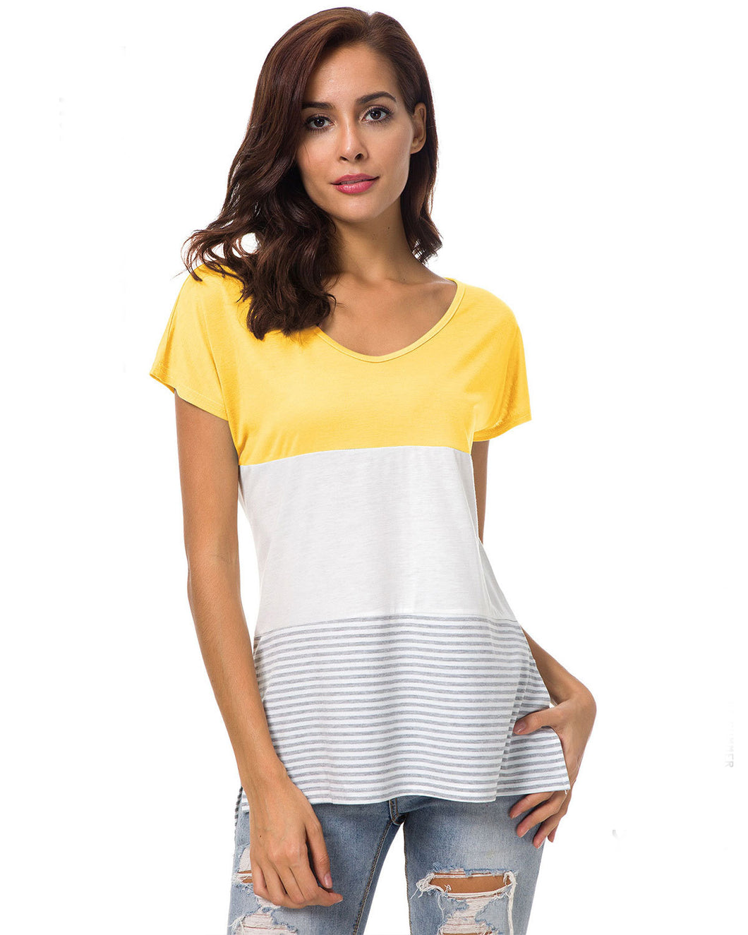 Bluza casual tip tricou, de femei, cu maneci scurte si guler rotund