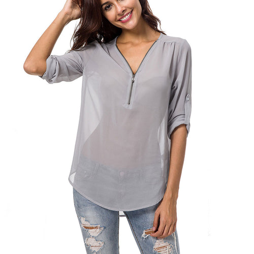 Camasi de dama casual, bluze largi, lejere, cu decolteu in V inchis cu fermoar, tip pulover, topuri din sifon