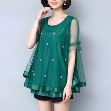 Bluza din tul cu funda si margele, lejera, cu maneca scurta, top pentru femei