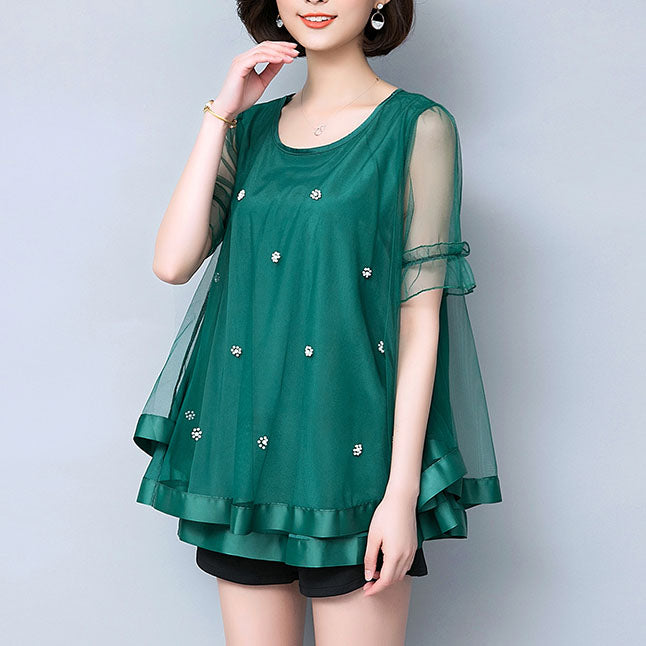 Bluza din tul cu funda si margele, lejera, cu maneca scurta, top pentru femei