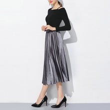 Fusta midi cu talie inalta, din catifea plusata, model plisat