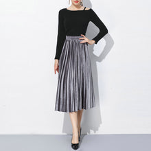 Fusta midi cu talie inalta, din catifea plusata, model plisat