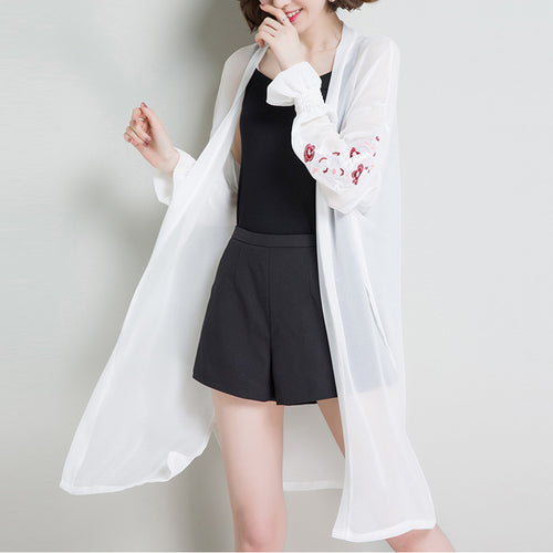 Haina de dama cu maneci lungi, brodata, cu imprimeu floral, casual, din sifon, imbracaminte de exterior