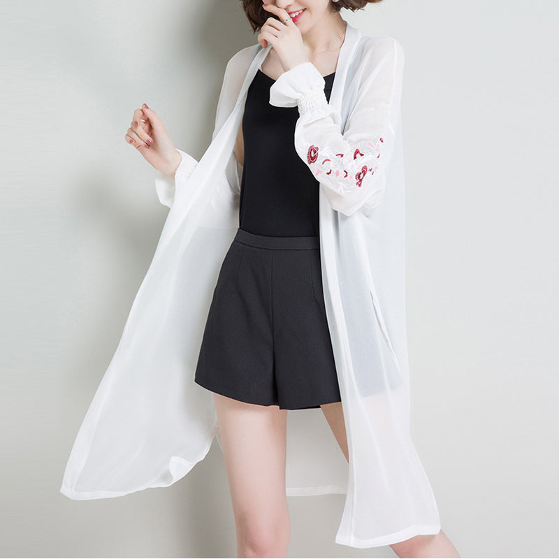 Haina de dama cu maneci lungi, brodata, cu imprimeu floral, casual, din sifon, imbracaminte de exterior