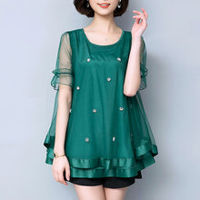 Bluza din tul cu funda si margele, lejera, cu maneca scurta, top pentru femei