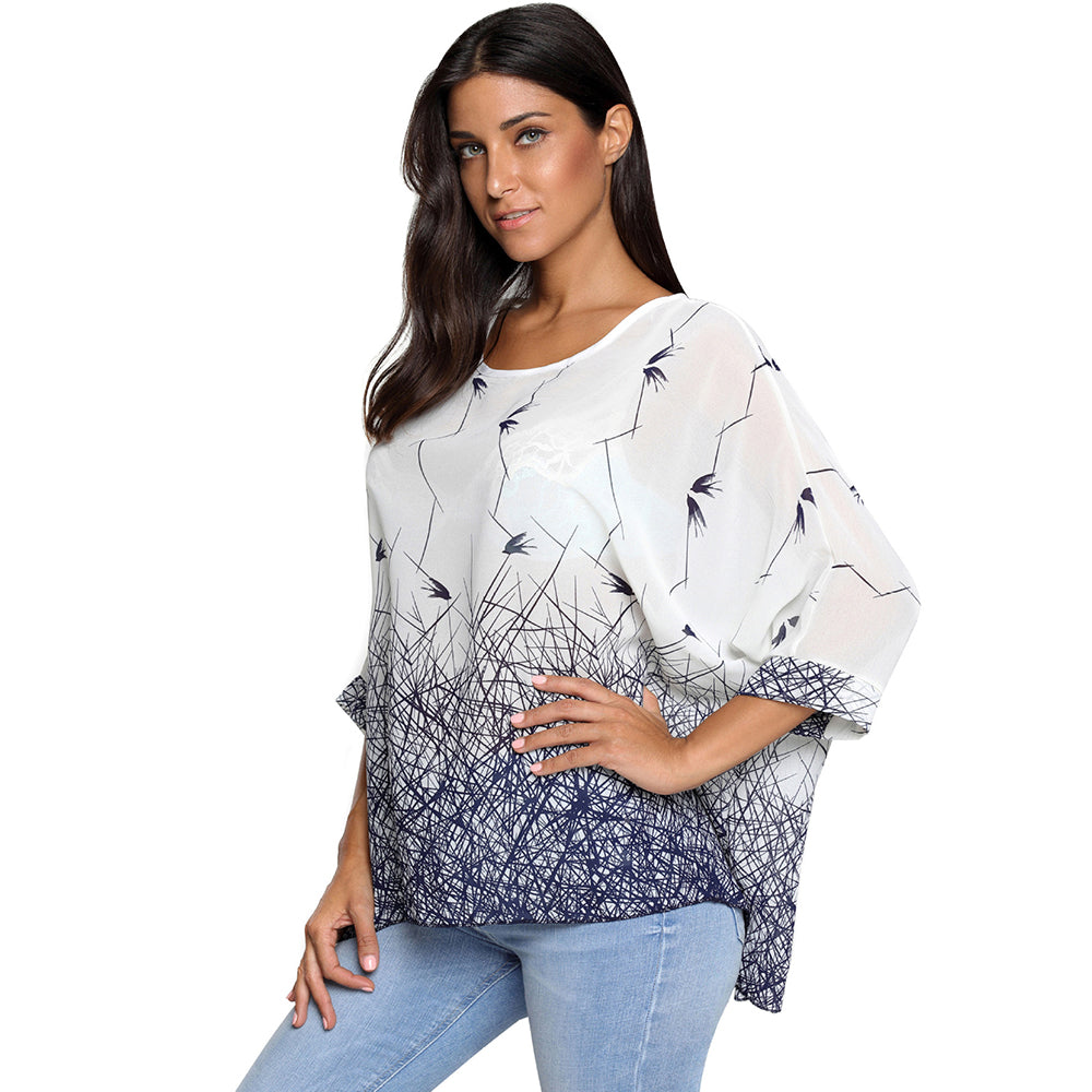 Bluze de dama, de vara, ample, croiala tip pelerina, din sifon, topuri casual cu imprimeu