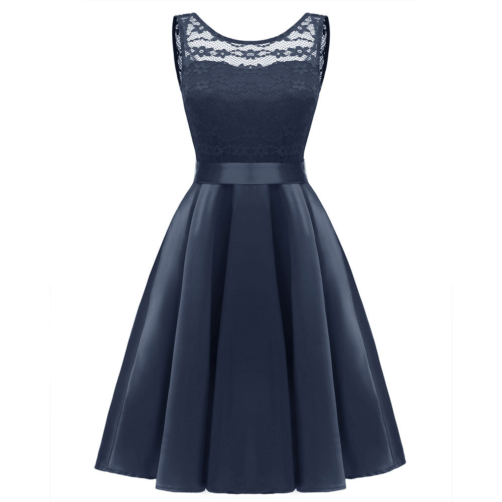 Rochie de cocktail, de ocazie, moderna, plisata, fara maneci, cu dantela florala