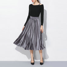 Fusta midi cu talie inalta, din catifea plusata, model plisat